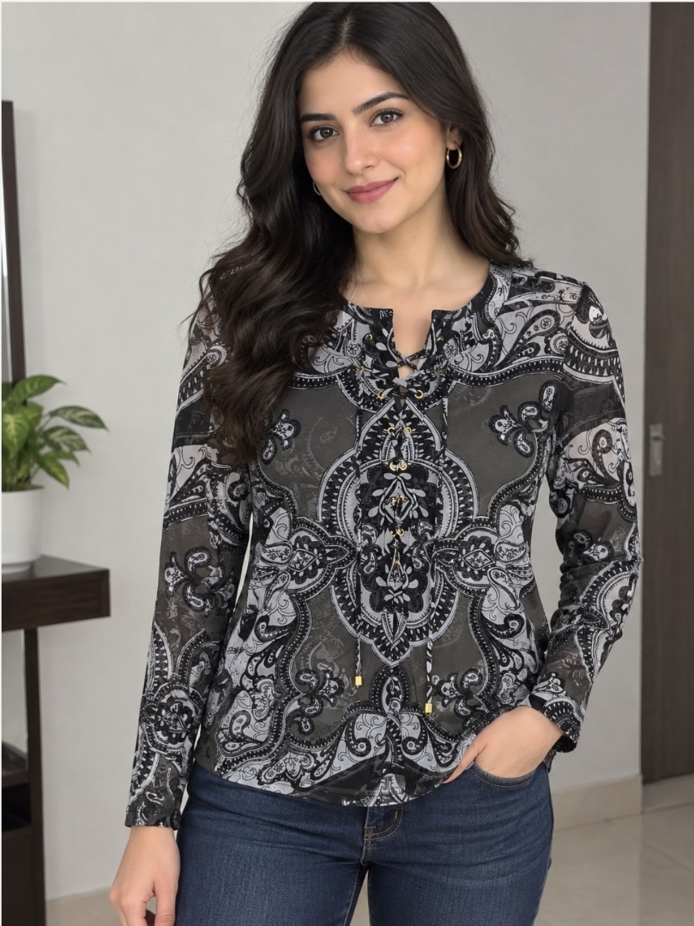 INC International Concepts Black & Gray Paisley Lace-Up Tunic